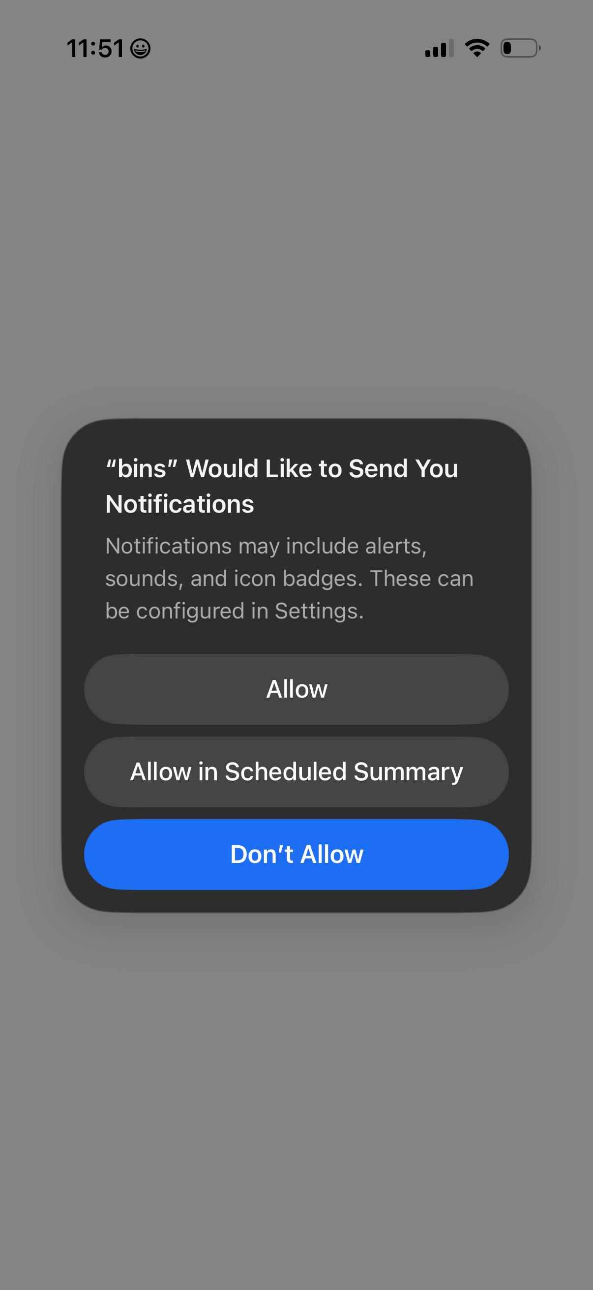 bins notifications screenshot